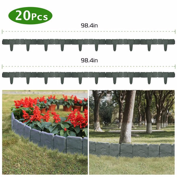 Flexible Garden Edging - Imitation Stone Effect Lawn Border, Non-Digging Gray Plastic Yard Edge, 20 Pieces