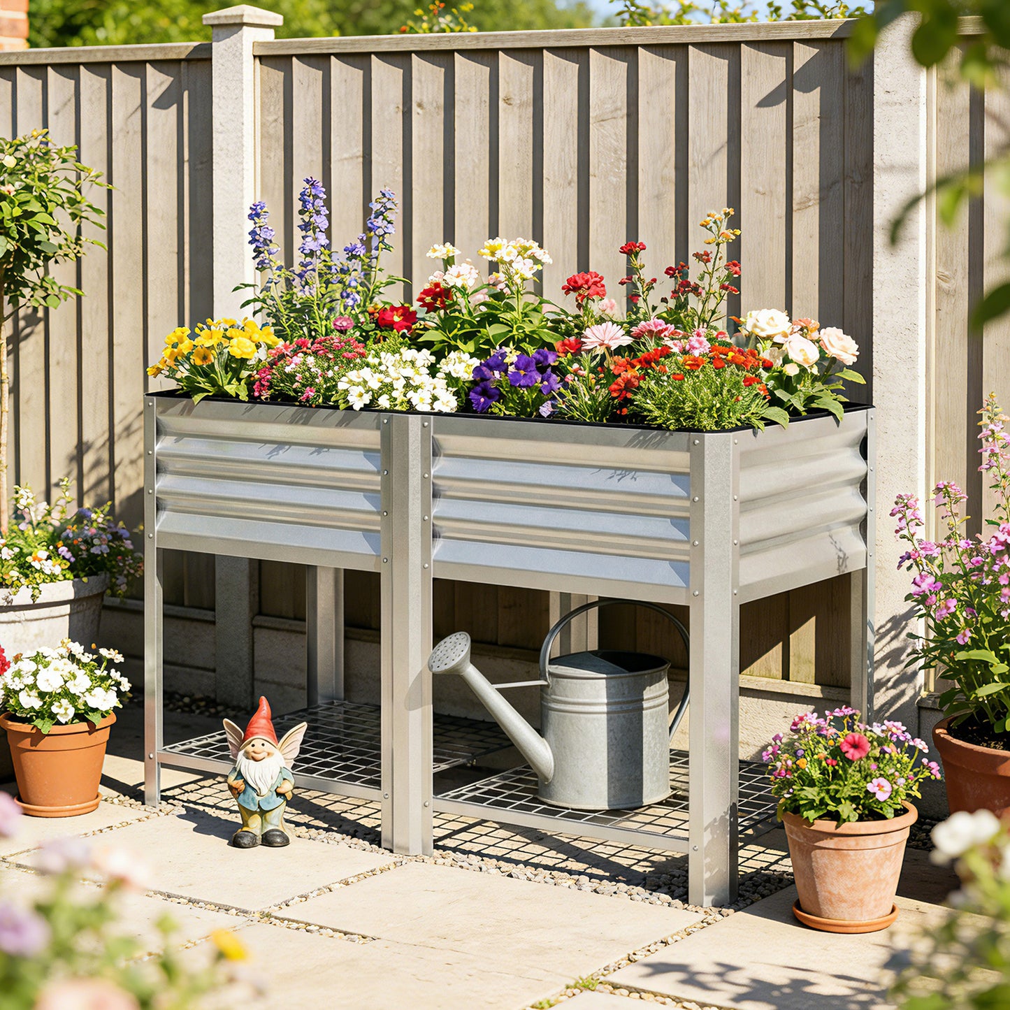 Galvanized Steel Raised Garden Bed with Storage Shelf - 31.5 Inch Height, Silver