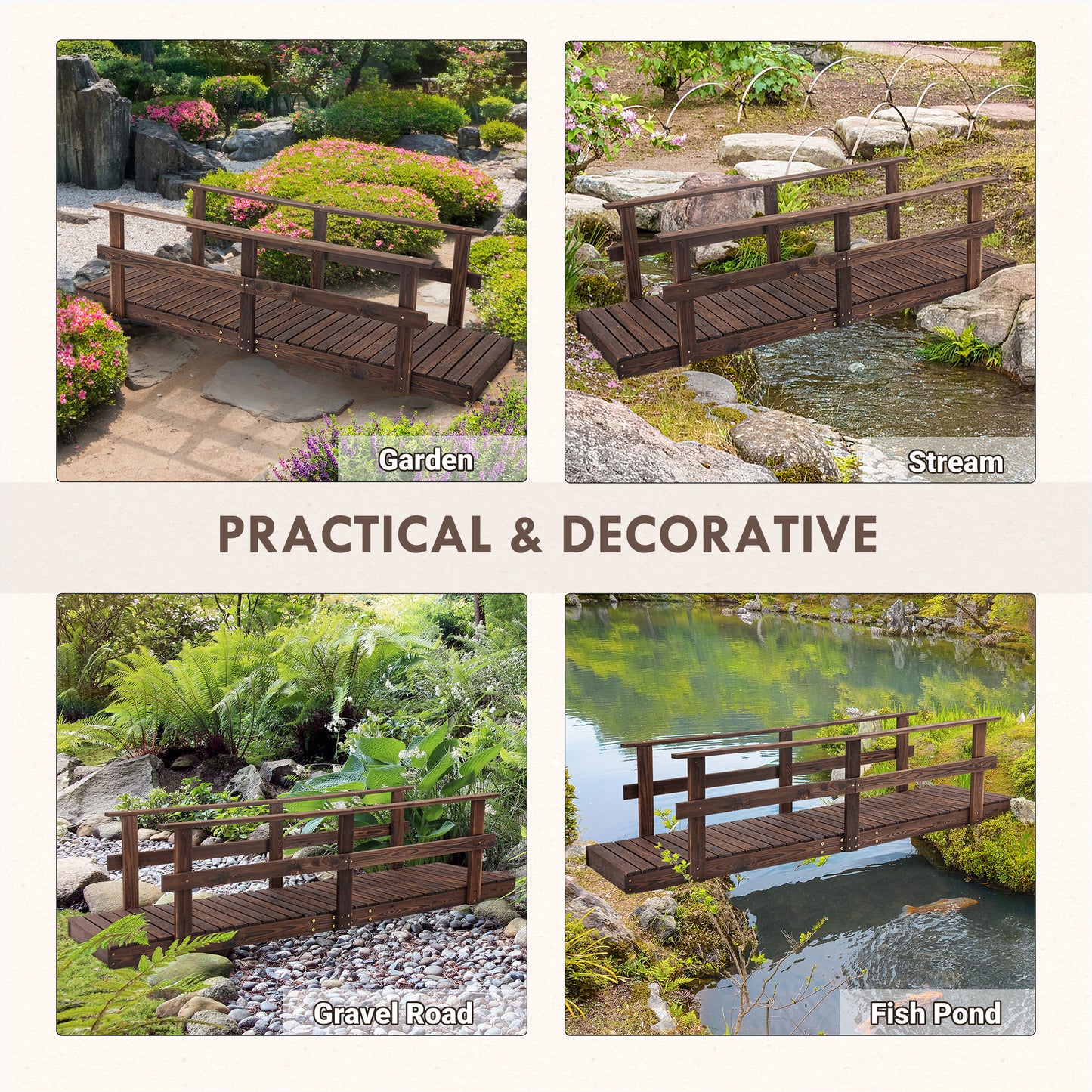 Wooden Garden Bridge with Safety Railings - Pine Stained Finish, 1160x700x125mm
