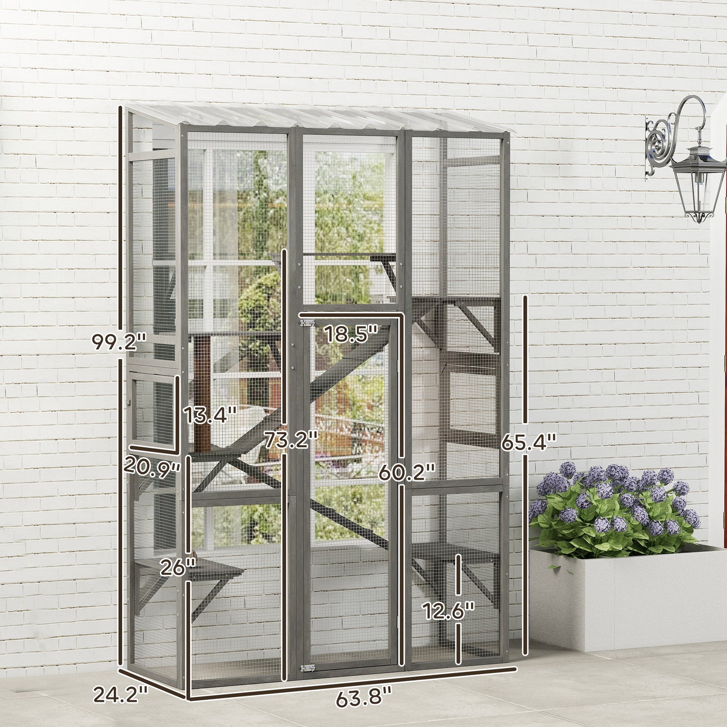 Large Wooden Outdoor Cat Enclosure with Platforms, Ramps & Scratching Post