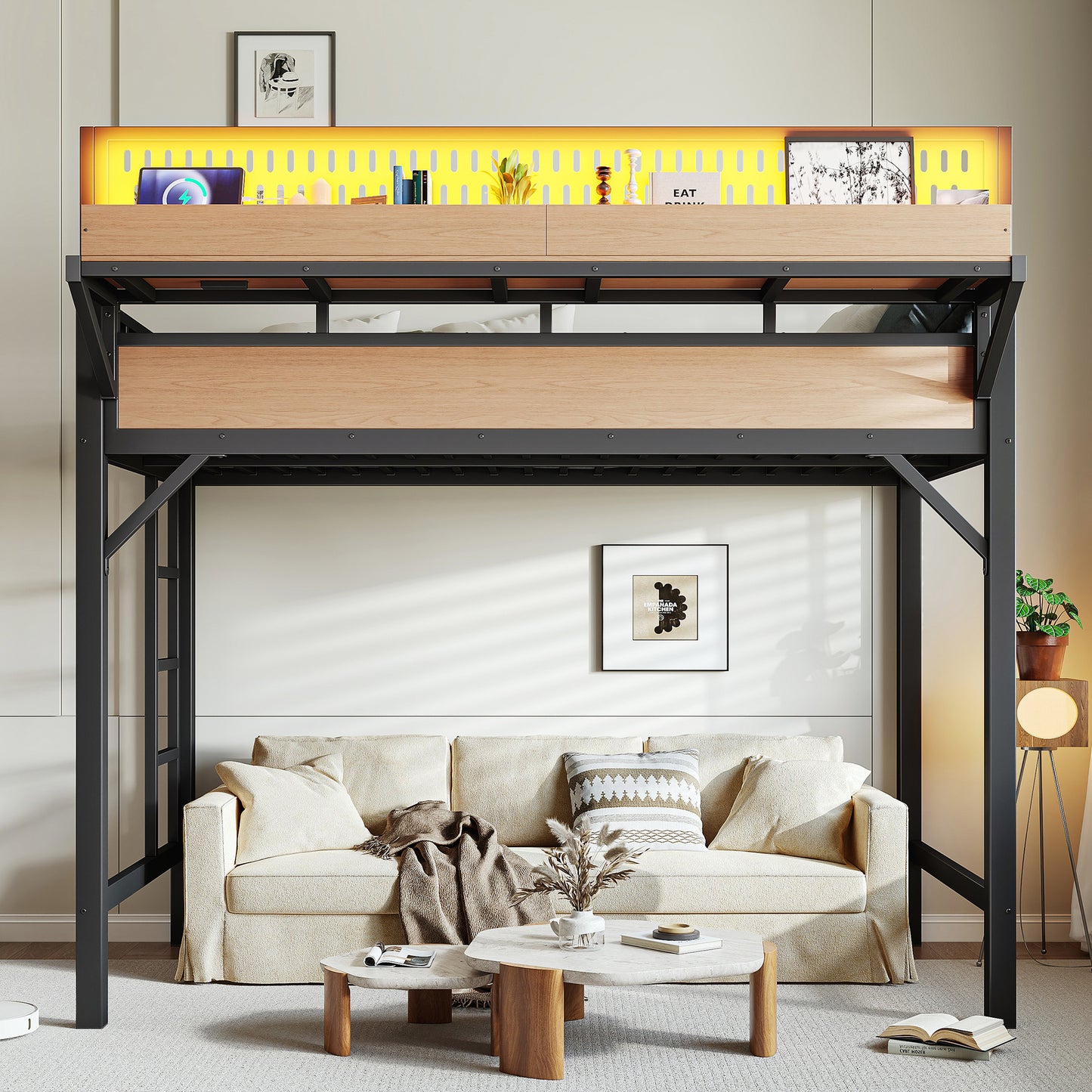 Twin XL Loft Bed Frame with Storage Shelves, USB Ports & LED Lights - Natural