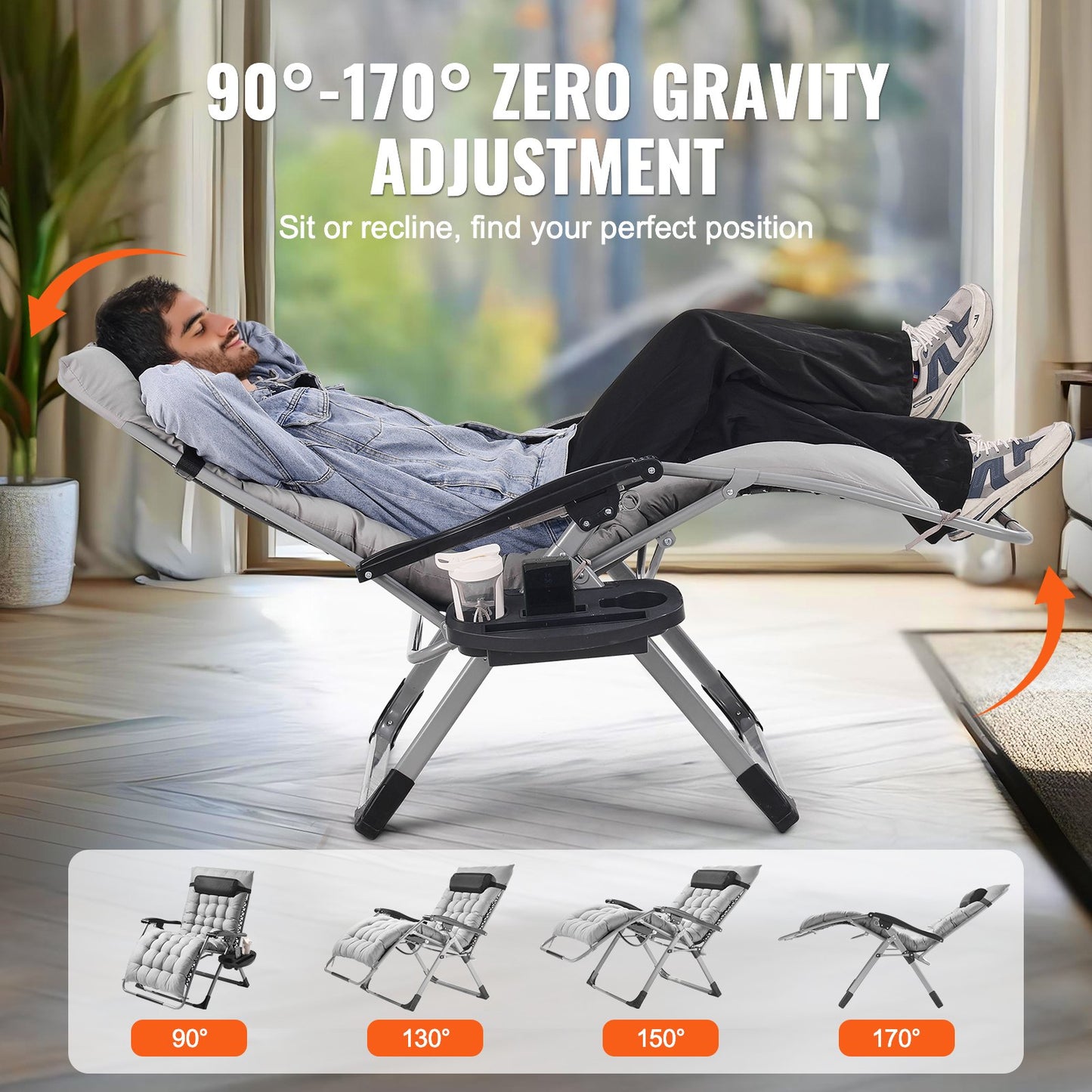 Heavy-Duty 33" Zero Gravity Lounge Chair with Cushioned Support - Indoor & Outdoor Grey
