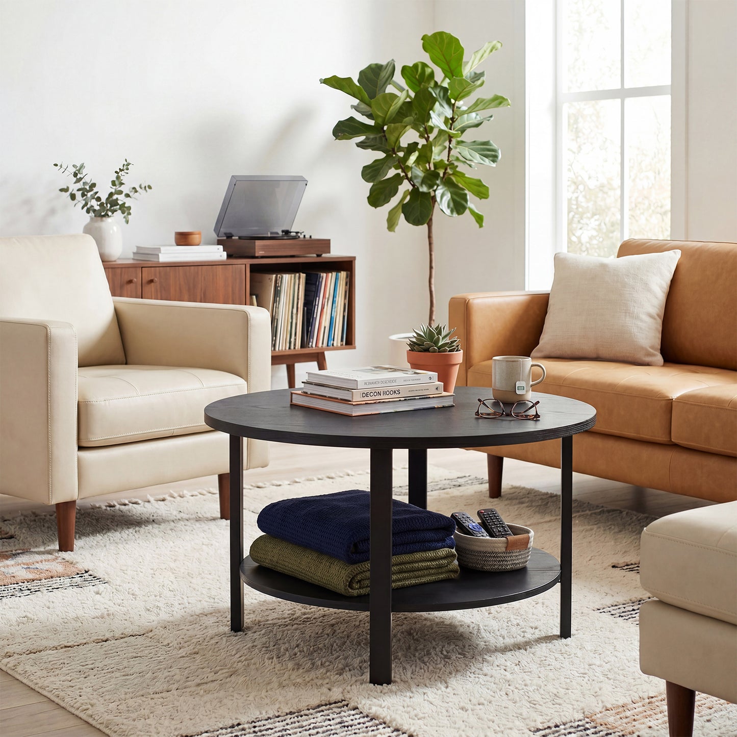 Round Coffee Table with 2 Tiers and Storage - Black