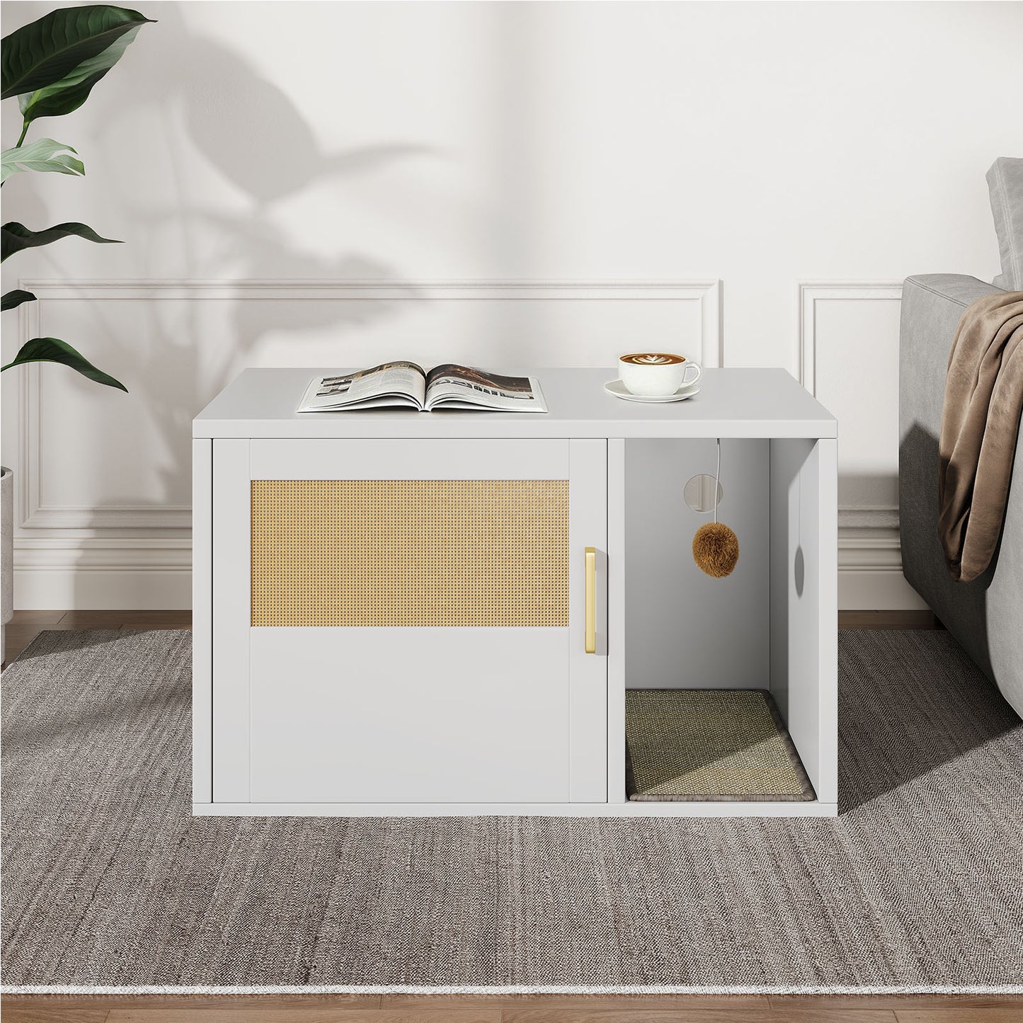 Multifunctional Cat Litter Box Cabinet with Odor Control & Side Table - White