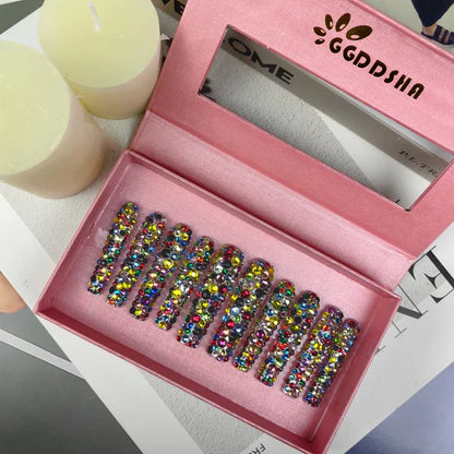 Long Press-On Nails - Baroque Glass Mosaic Design Reusable Acrylic Set