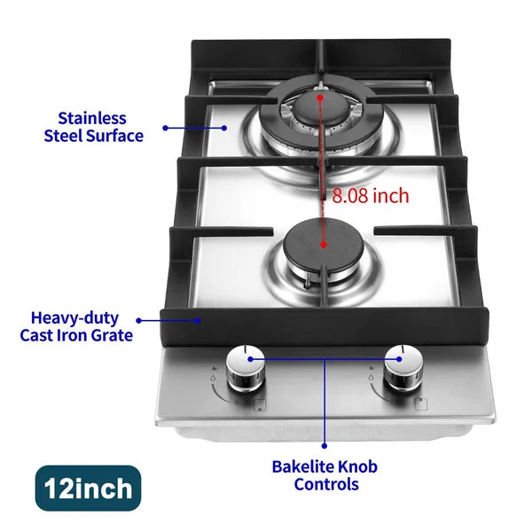 12-Inch Gas Cooktop with Stainless Steel Surface, Convertible NG/LPG