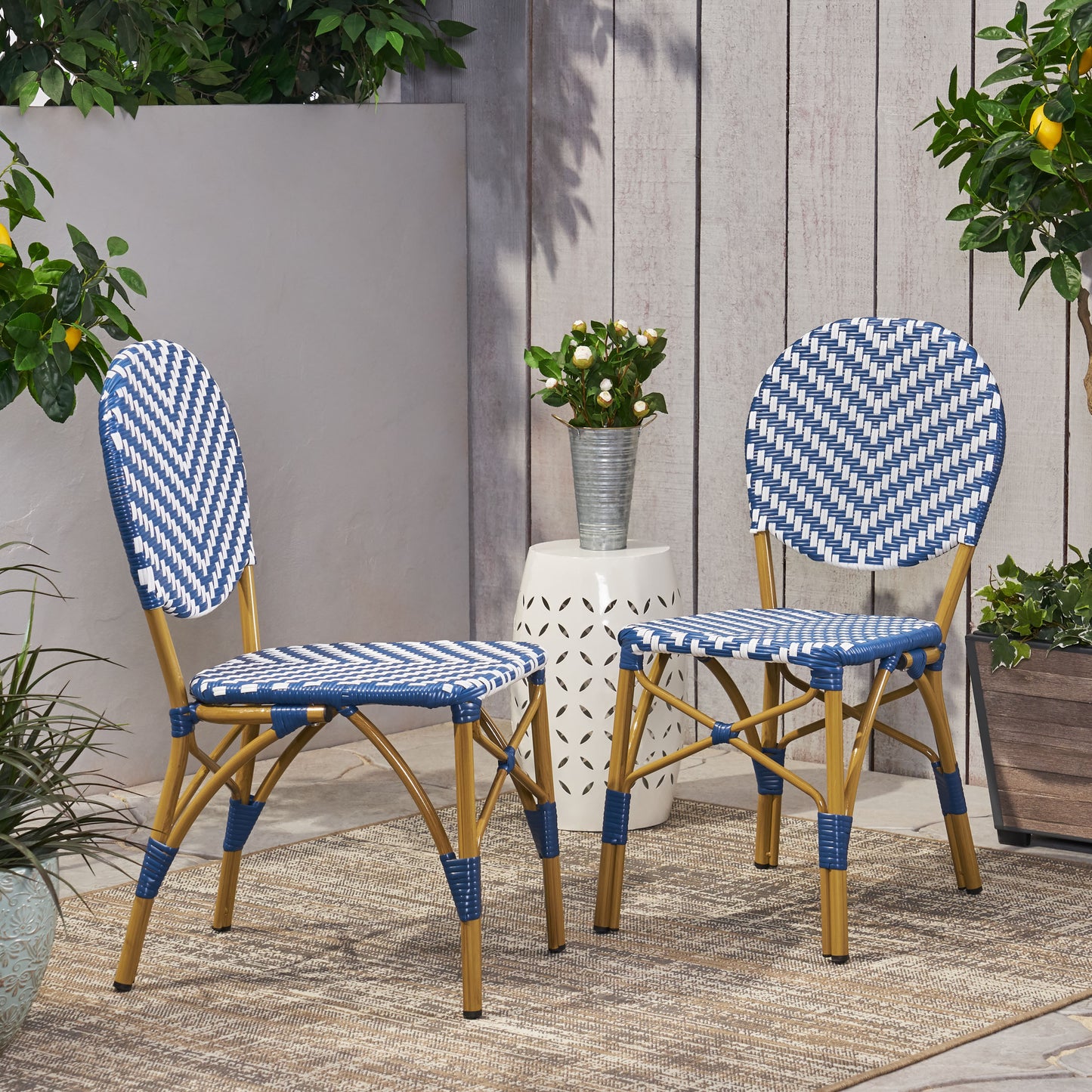 Outdoor PE Ratten And Aluminum French Armless Bistro Chairs, Set Of