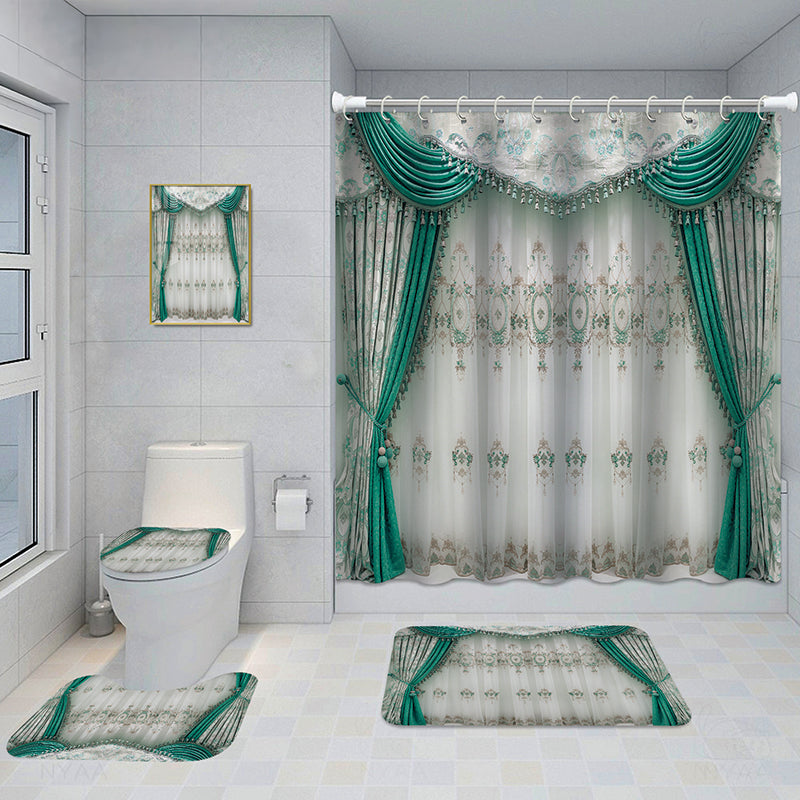 Bathroom 5-Piece Shower Curtain Set with Mat and Decorative Aluminum Frame