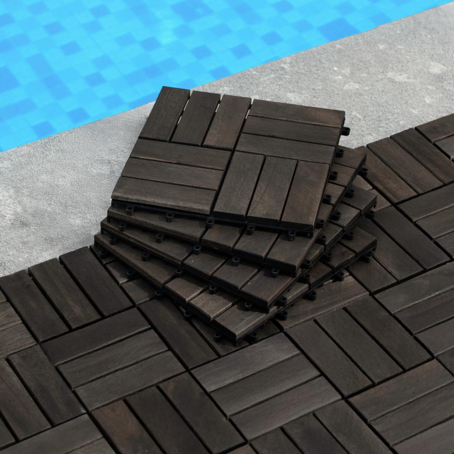 Interlocking Acacia Wood Deck Tiles 30 pcs 12x12 Inches Outdoor Flooring - Dark Brown