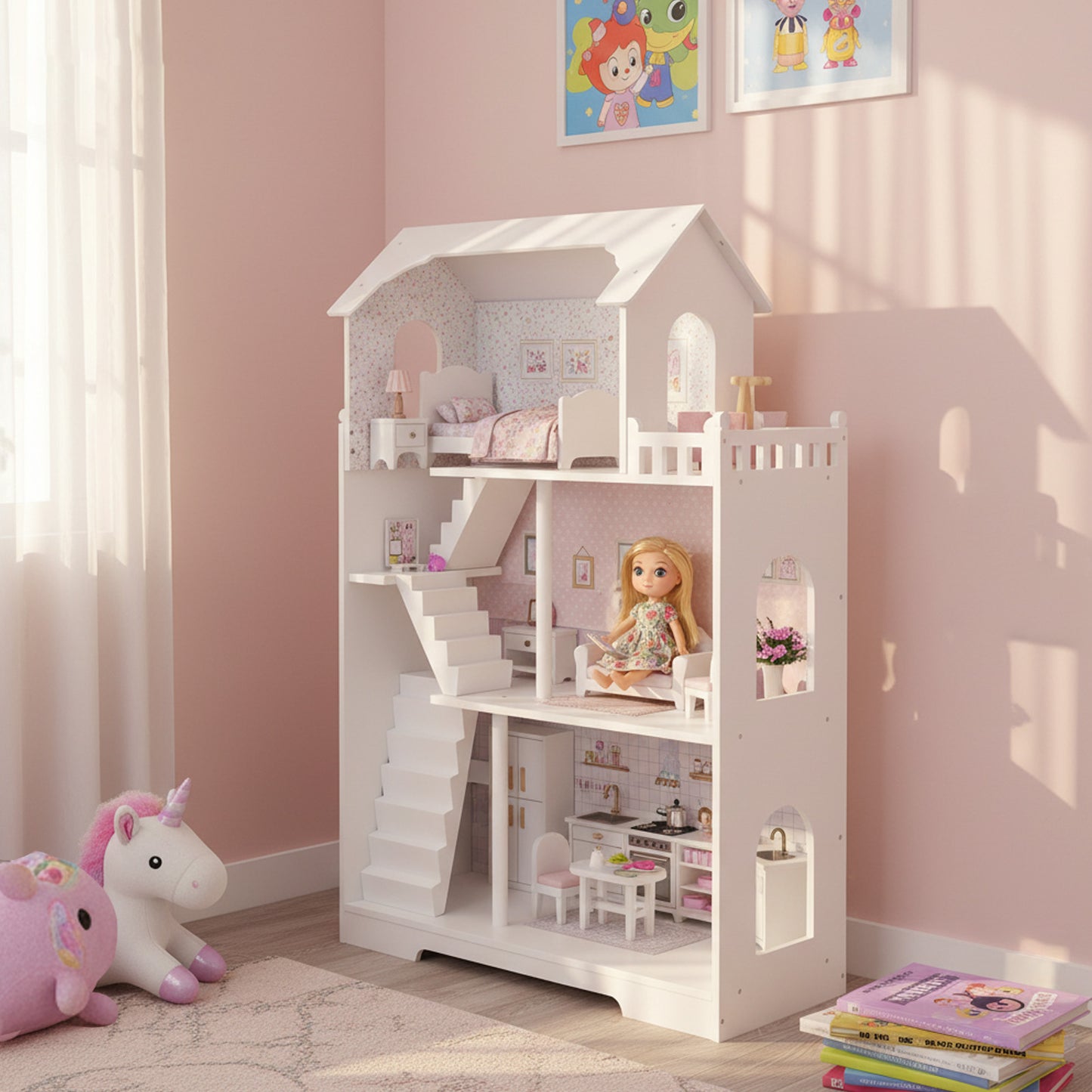 Wooden Dollhouse Bookshelf 3 Tier Kids Bookcase For Children Above