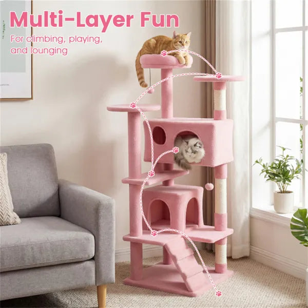 Pink 52-Inch Multi-Cat Cat Tree Tower with Perches, Condos & Scratching Posts