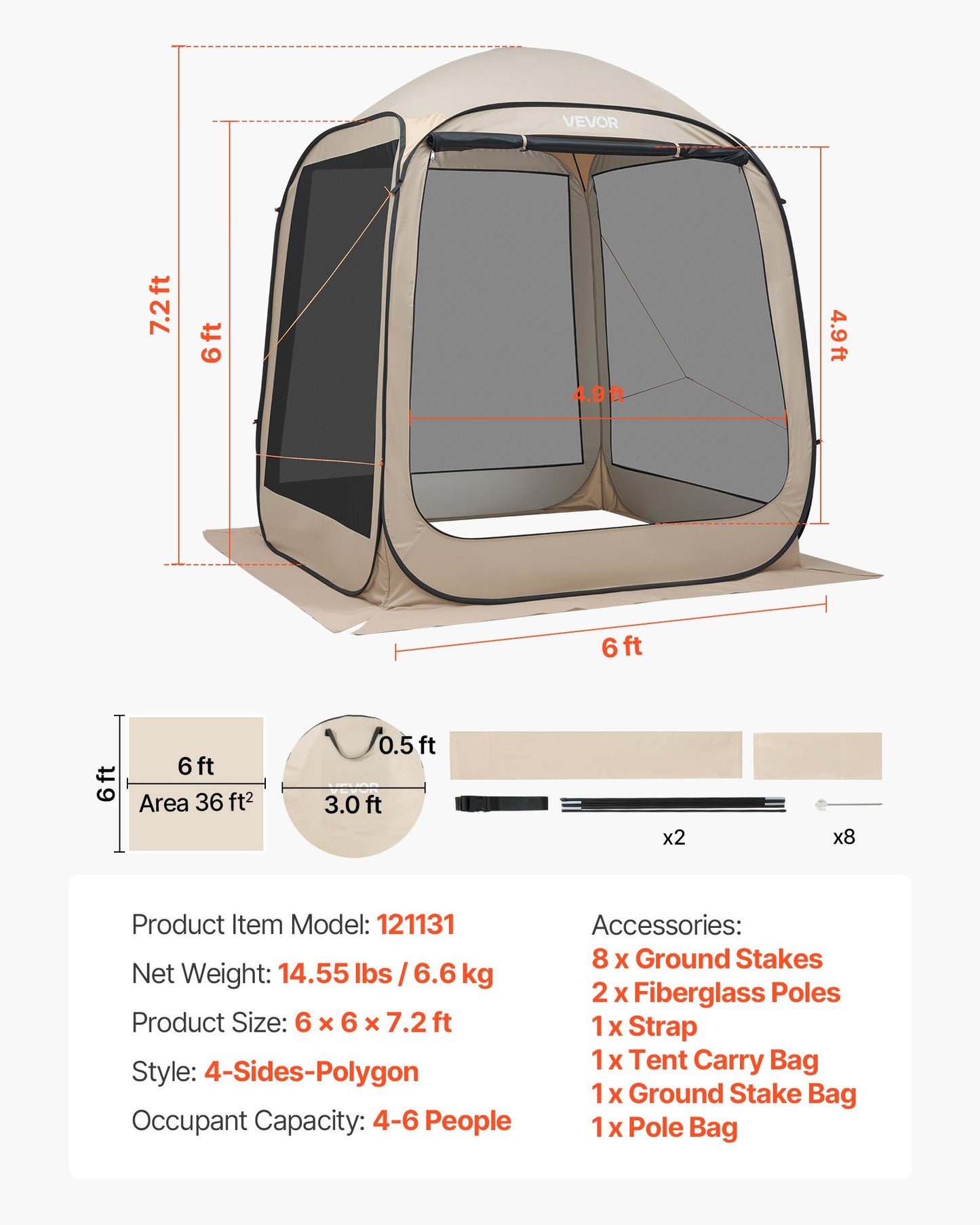 6x6 Ft Pop Up Screen House Tent with Mesh Sides & Carry Bag - Garden, Patio, Backyard