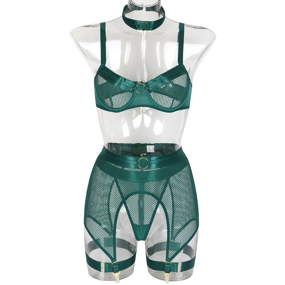 Women's Mesh Stitching Underwear Set with Garter Belt and Halterneck