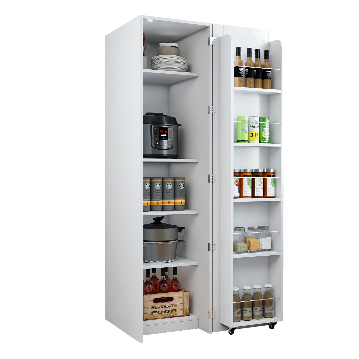 White Kitchen Pantry Cabinet - Freestanding Buffet Sideboard with Doors & Shelves
