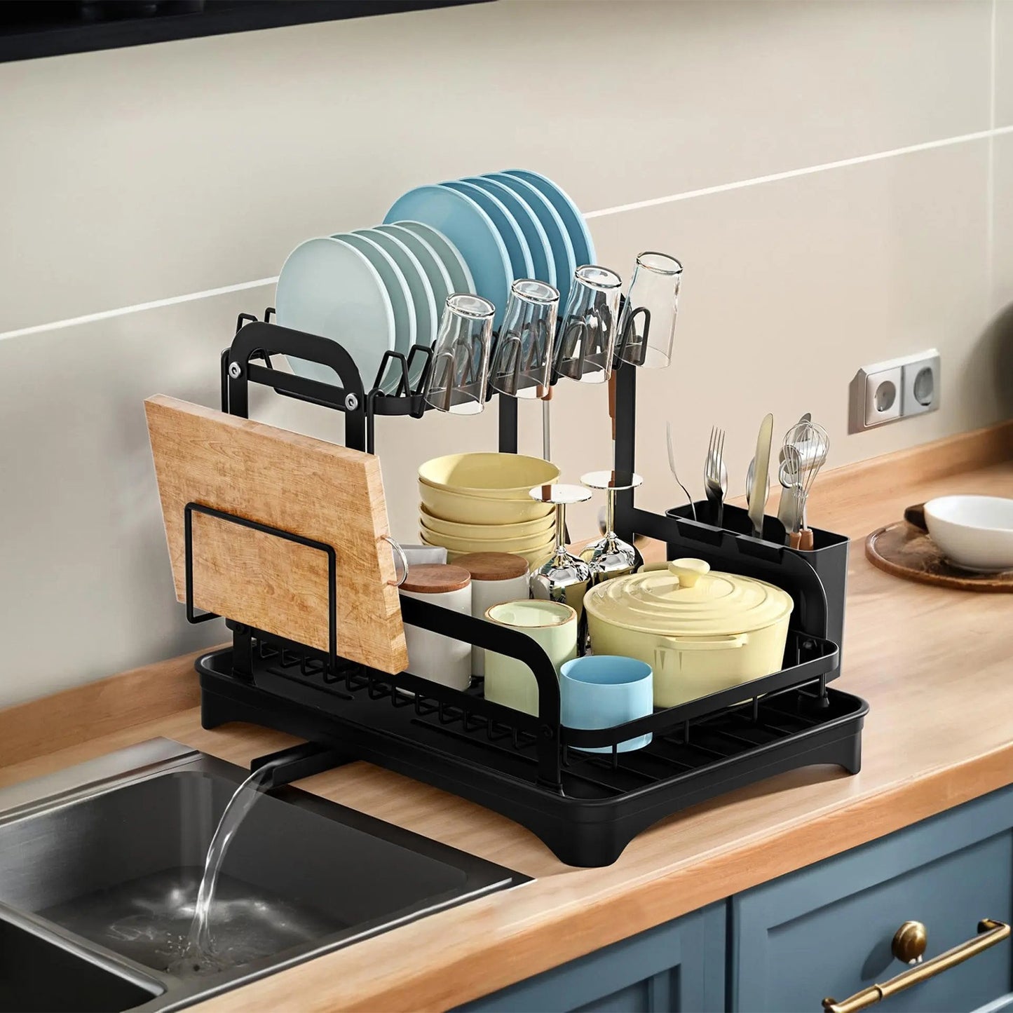 2-Tier Dish Drying Rack with Drainboard & Utensil Holder - Black