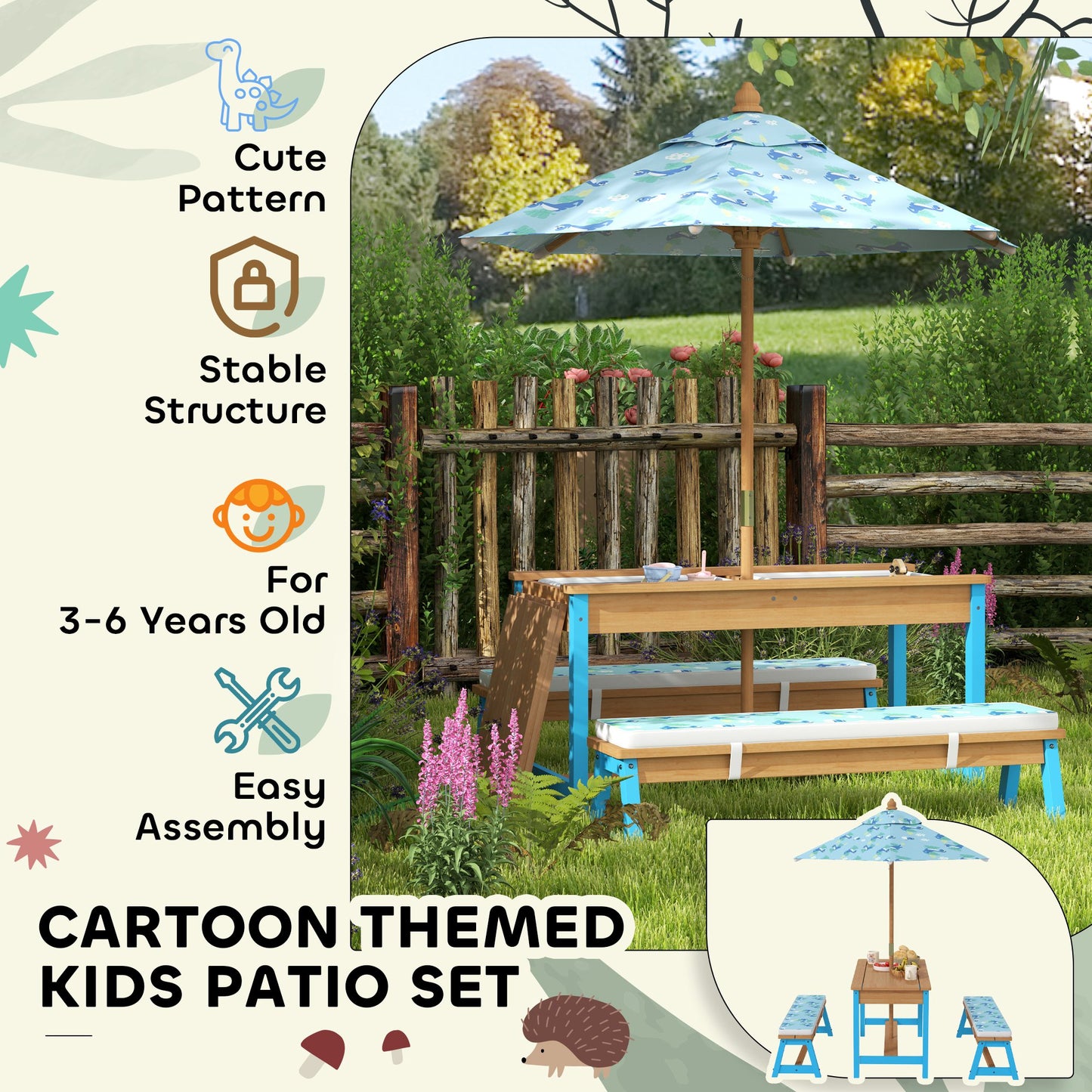Kids Picnic Table Set with Umbrella & Cushions - Dinosaur Theme