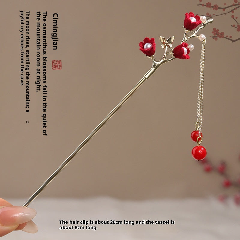Vintage Floral Hair Stick with Red Flowers and Gold Leaves - Women’s Hair Accessory