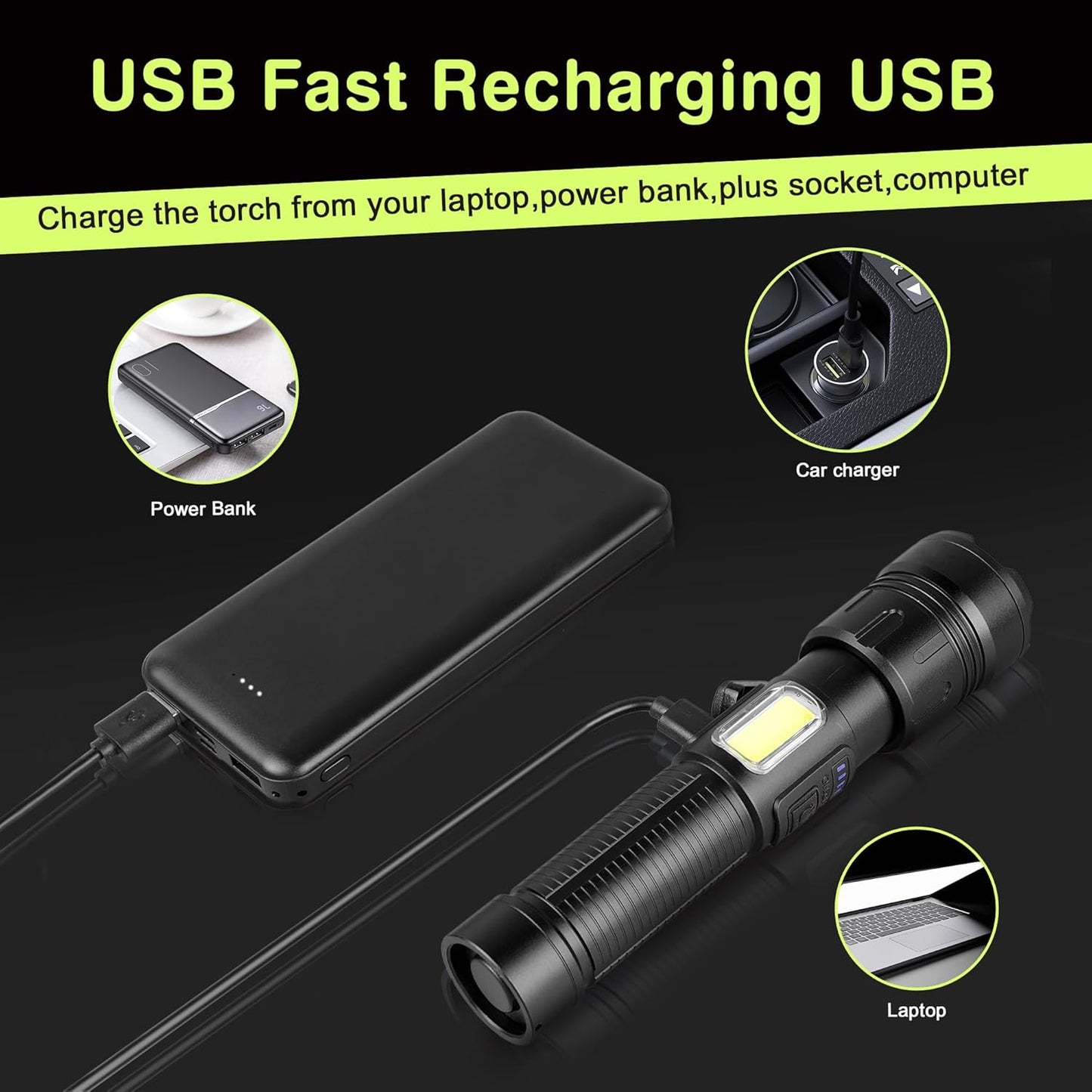 Rechargeable LED Flashlight 10,000 Lumens Waterproof USB Torch Black