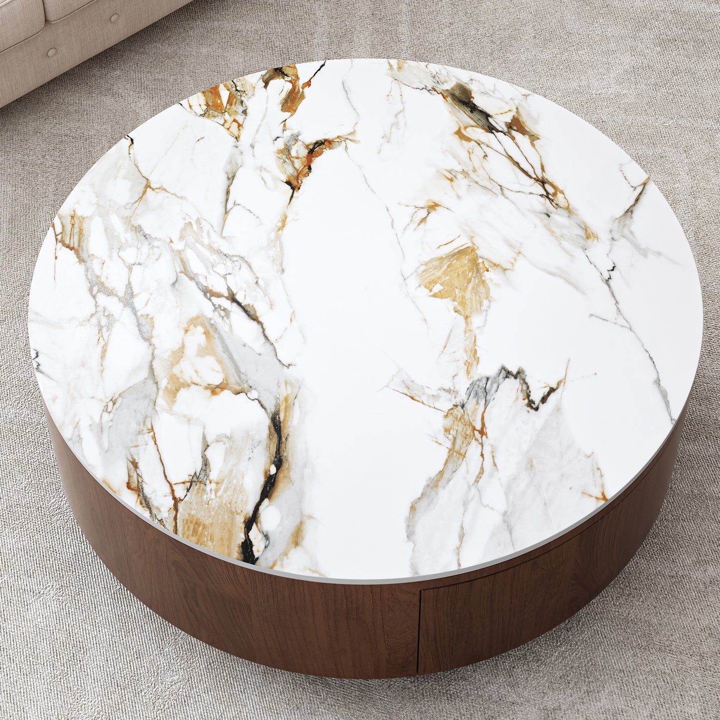 Rustic Round Coffee Table with 2 Drawers & Sintered Stone Top