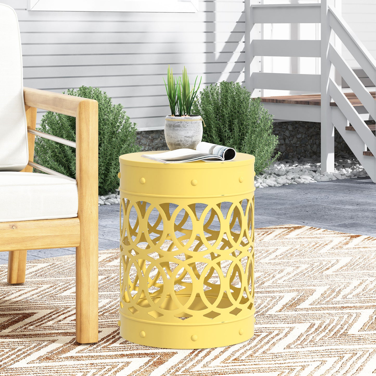 Large Yellow Outdoor Metal End Table - Durable Iron Design