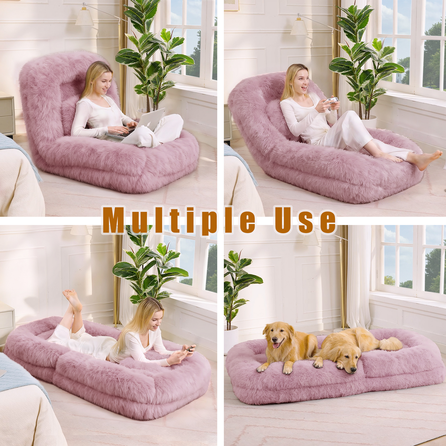 Adjustable Lazy Sofa Bed - Plush Fabric, Pink