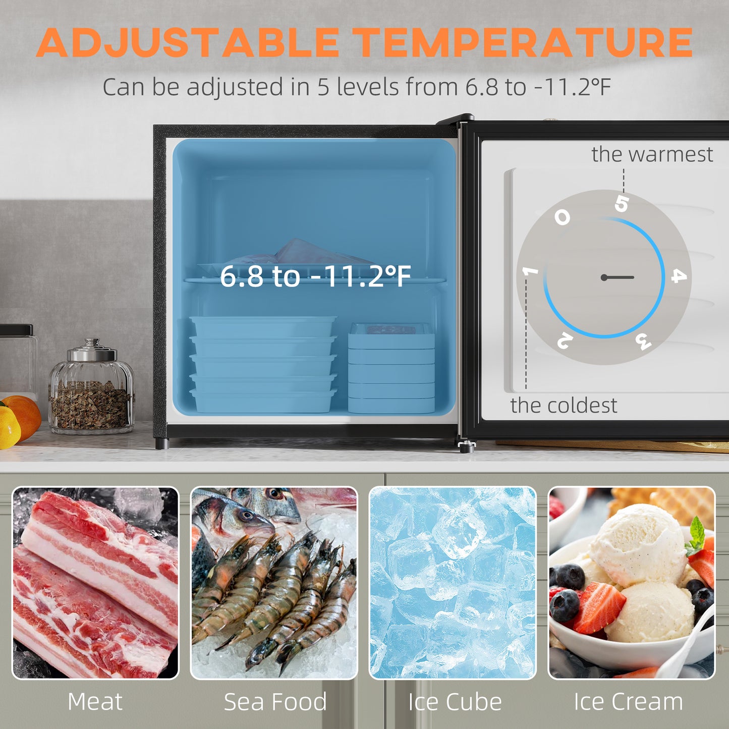 1.1 Cu.Ft Compact Countertop Freezer - Silver, Removable Shelves, Energy Efficient