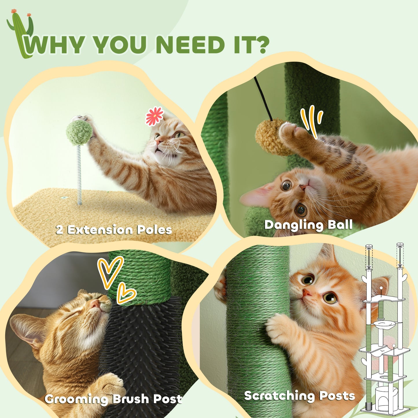 Adjustable Floor-to-Ceiling Cat Tree with Condos & Hammocks - Green