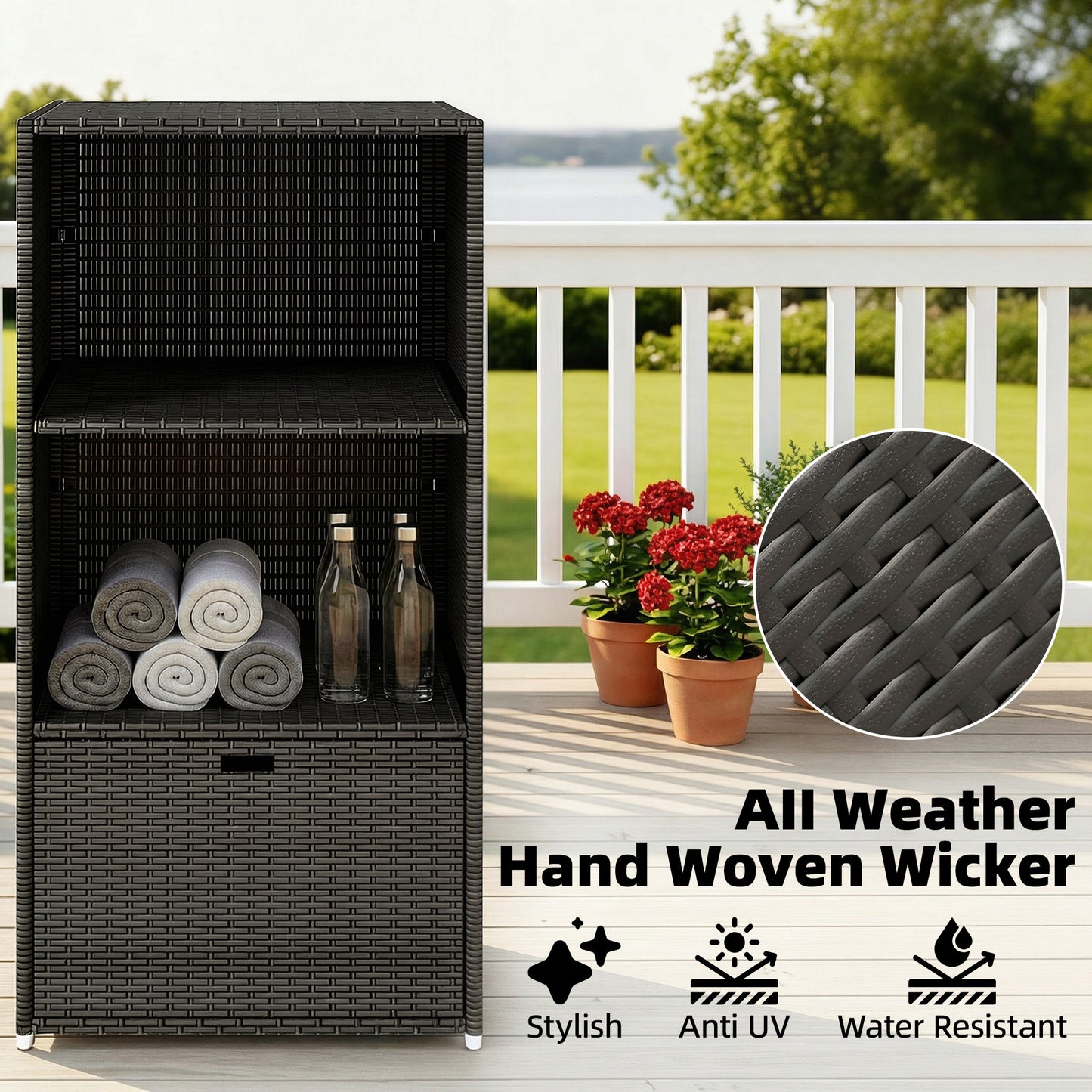 Water-Resistant Pool Towel Rack with 2 Shelves and Basket Drawer