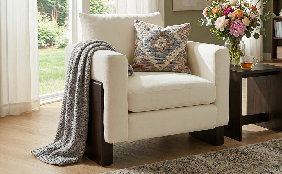 Beige Modern Accent Chair - Stylish Club Armchair with Rubberwood Legs