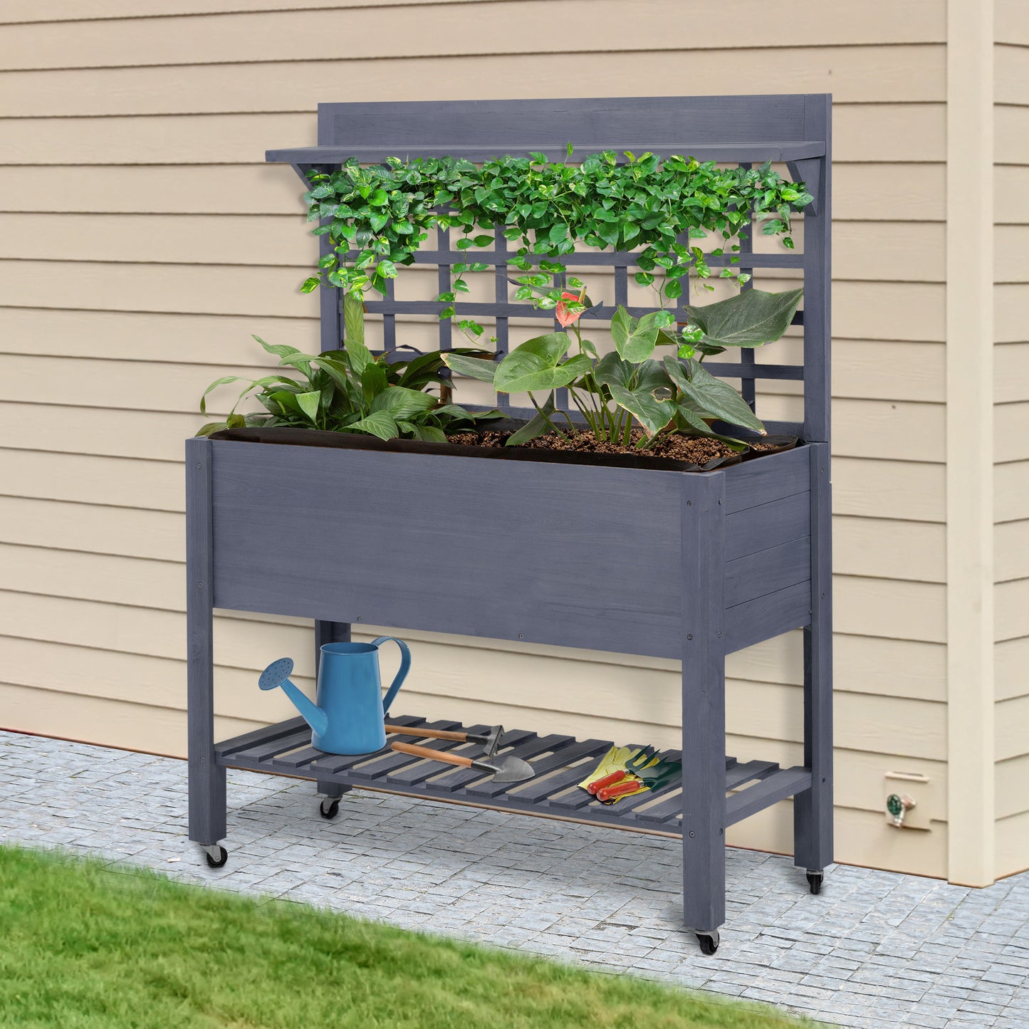 41-Inch Elevated Wooden Garden Bed with Wheels and Trellis - Gray