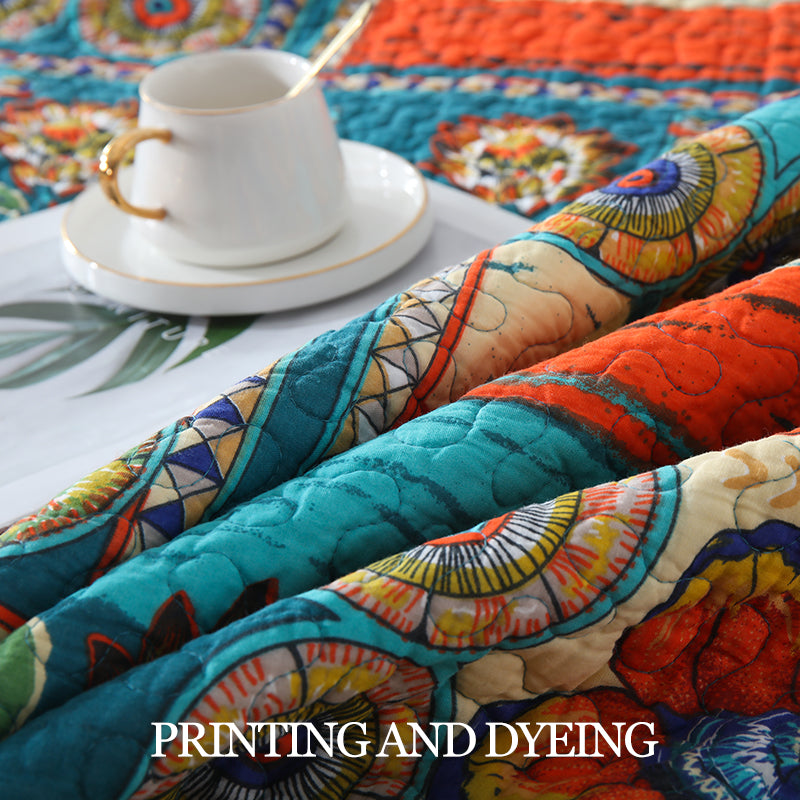 Full Queen & King Reversible Cotton Bedspread Set with Bohemian Patchwork Design