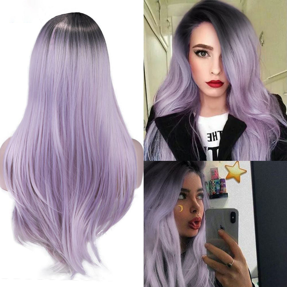 Long Straight Synthetic Wig for Women - Heat Resistant, Black & Light Purple, 26 Inches