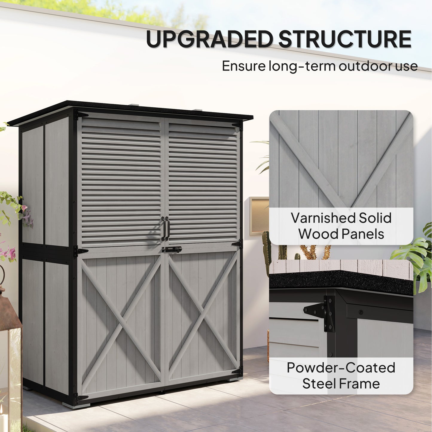 Wood Storage Shed, Outdoor Garden Shed With Asphalt Roof, 2 Shelves,