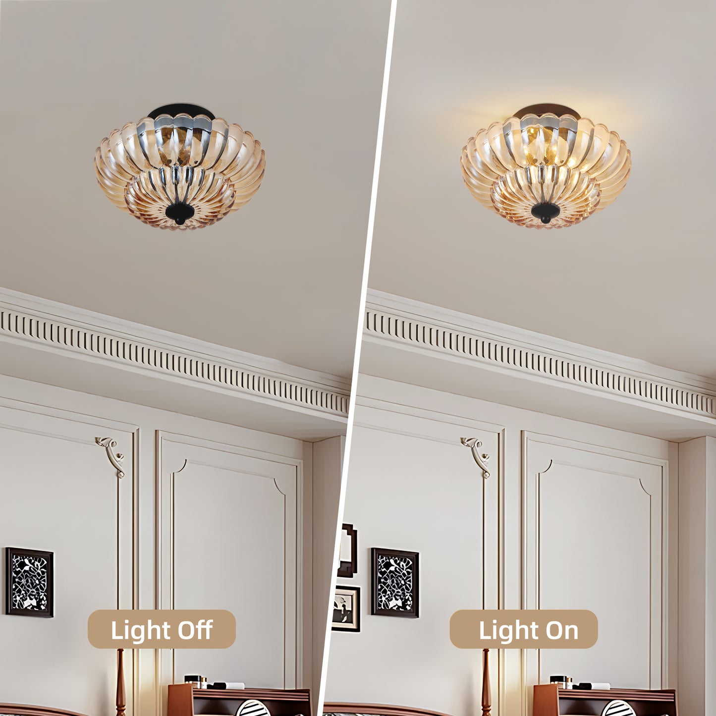 Amber Glass Ceiling Light Fixture for Living Room & Bedroom - 3 Bulb Modern Flush Mount