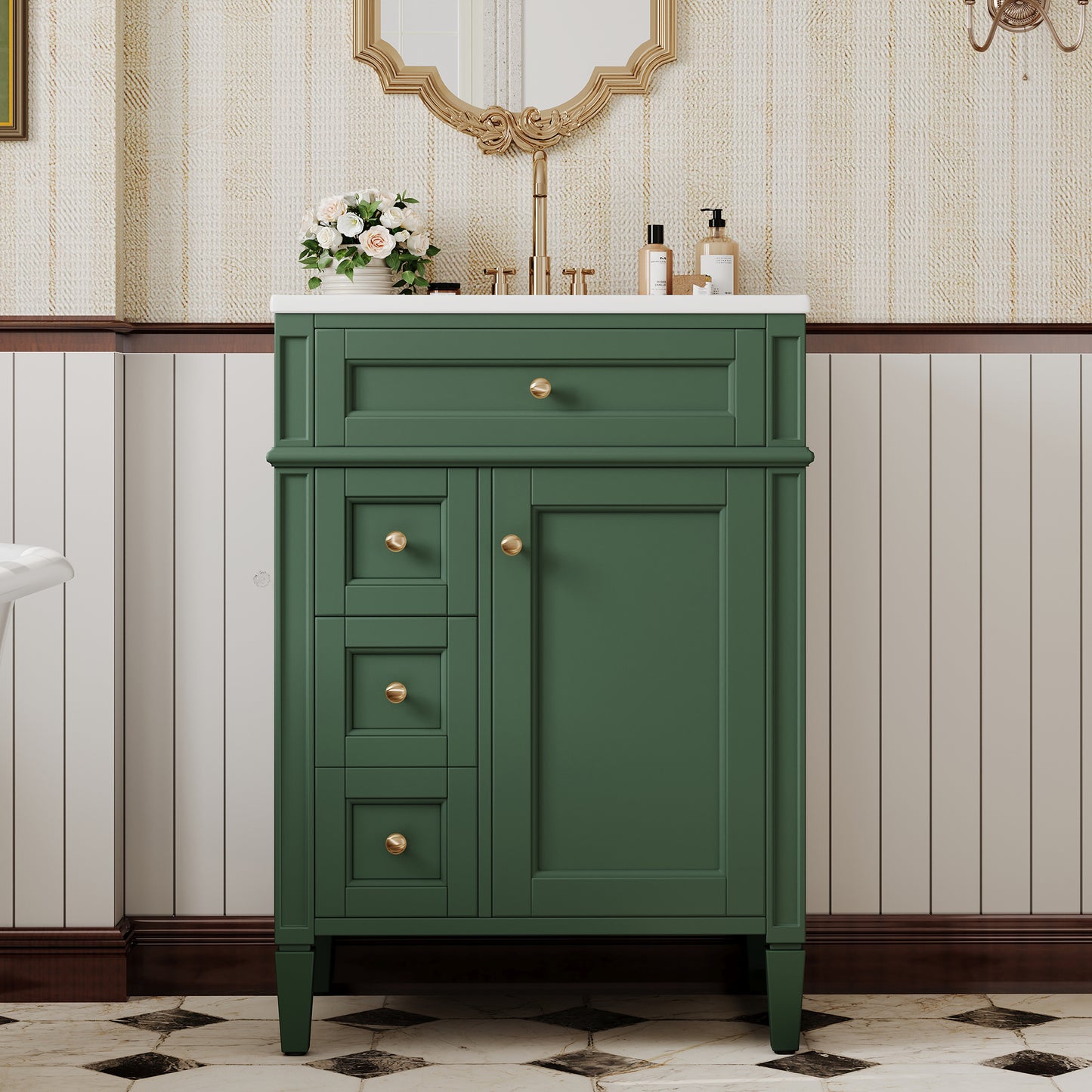 24'' Green Bathroom Vanity with Ceramic Sink & Storage Drawers