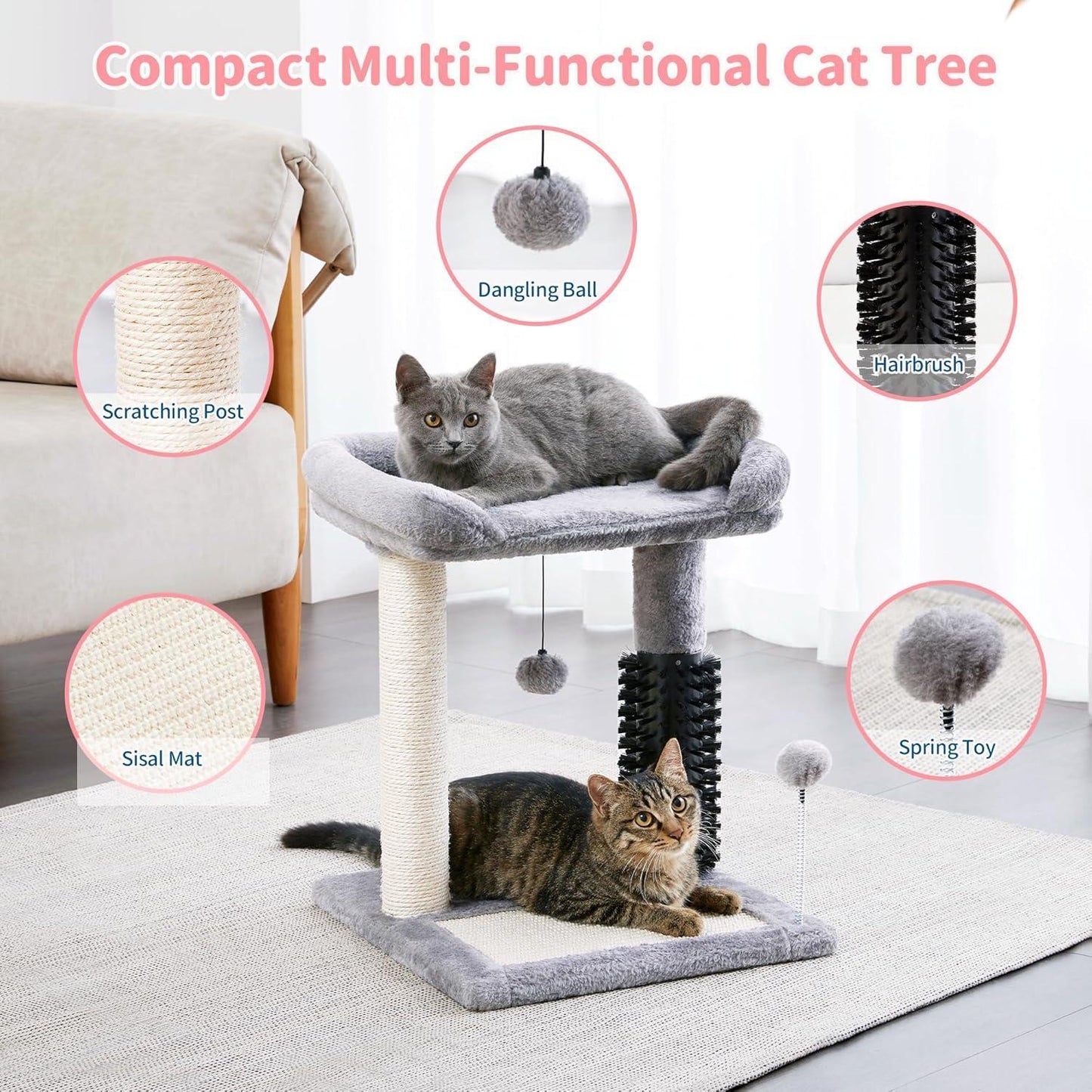 Small 4-in-1 Cat Tree Tower with Self-Grooming Brush & Sisalg Scratching Post - Grey