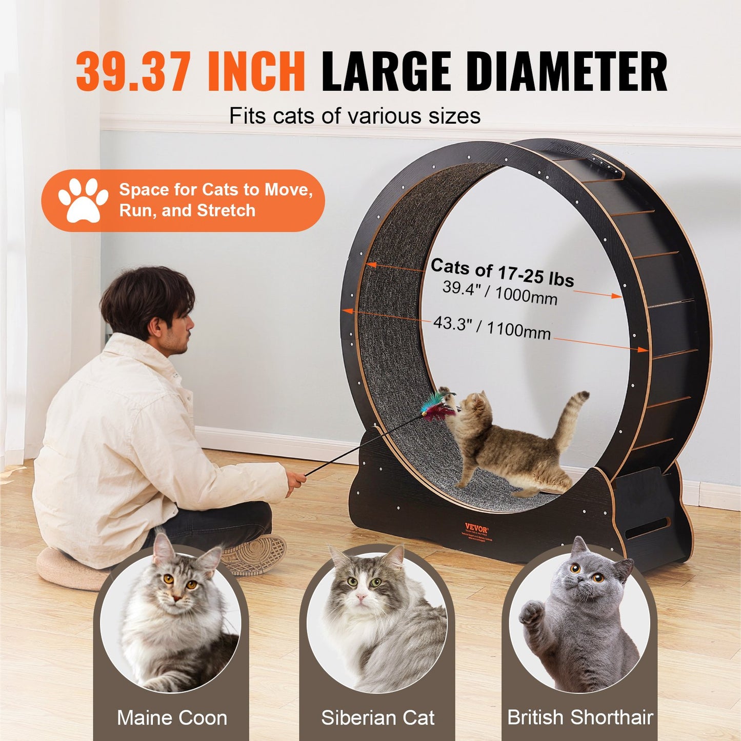 Large Indoor Cat Exercise Wheel 43.3 Inch Treadmill for Feline Fitness Black