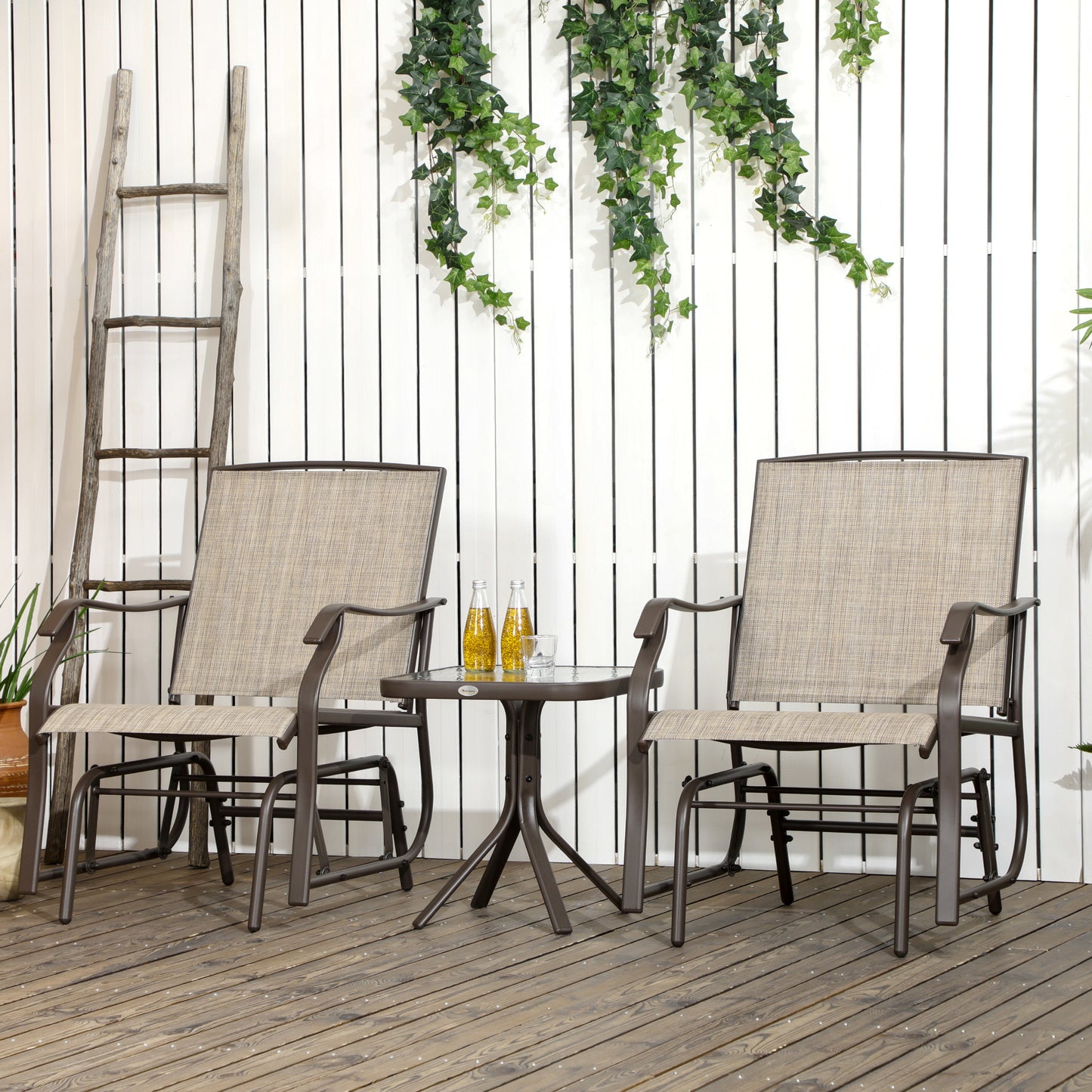 3-Piece Outdoor Glider Chair Set with Glass Table - Brown