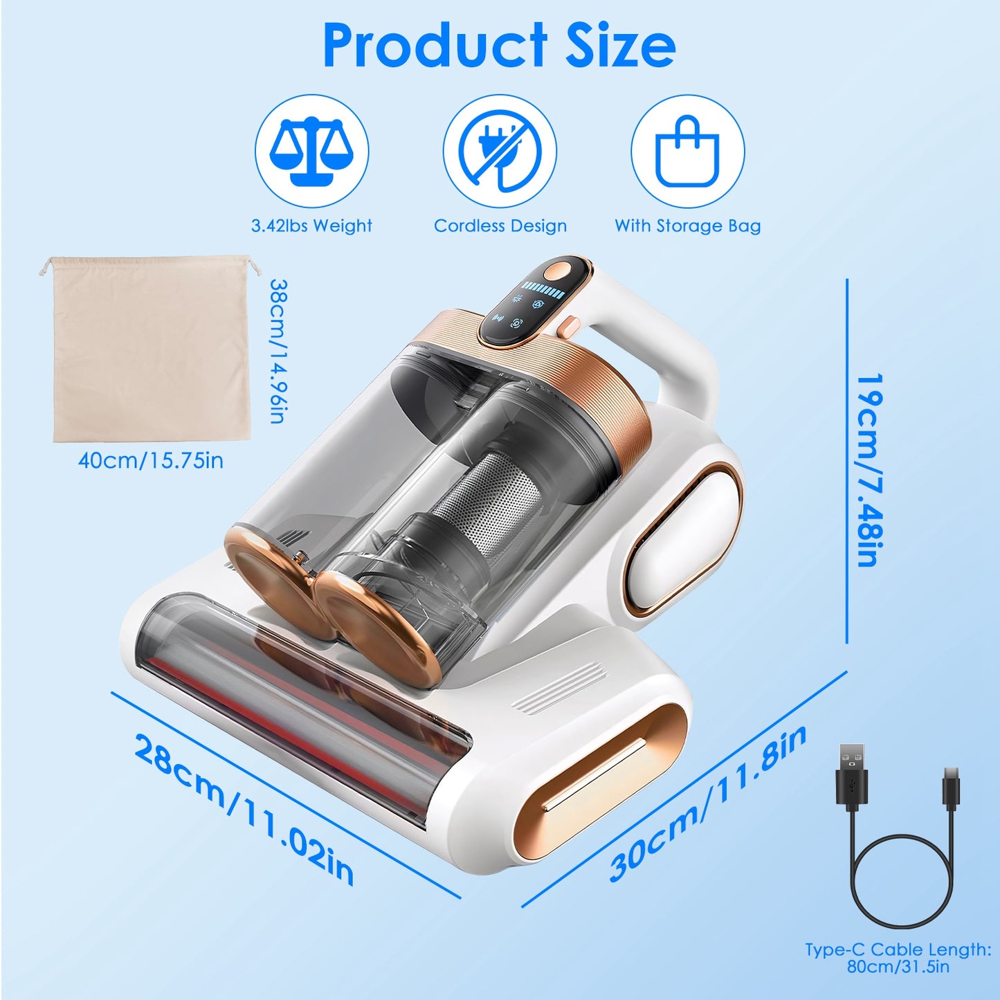 Cordless Mattress Vacuum Cleaner 16KPA UVC Ultrasonic Bed Cleaner Handheld with Dual Dust Bins