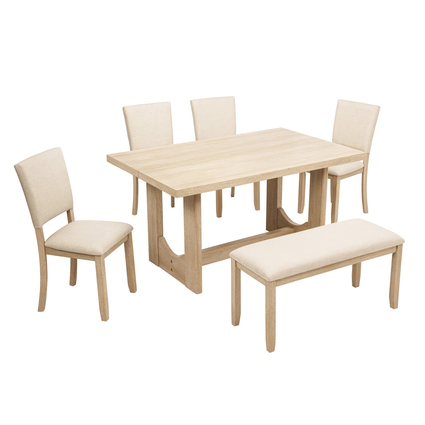 6-Piece Wooden Dining Table Set with Bench & Upholstered Chairs
