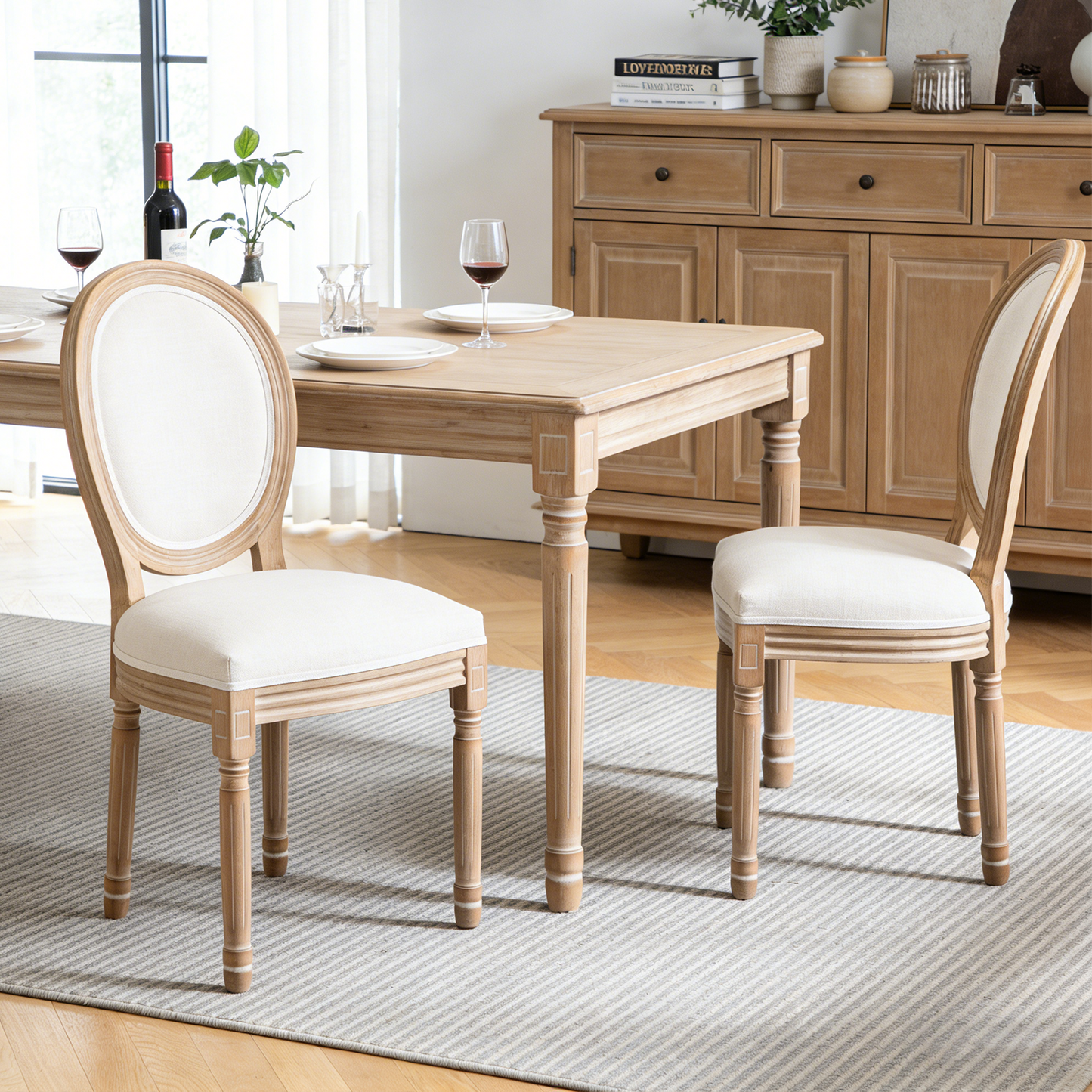 Farmhouse Dining Chairs Set of 2 - Solid Wood Frame with Linen Cushions, Beige
