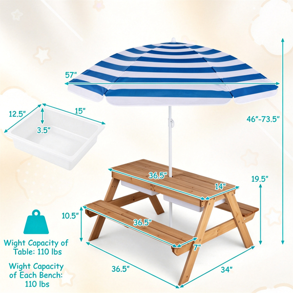 Kids 3-in-1 Picnic Table with Adjustable Umbrella & Storage Boxes - Outdoor Sand & Water Play Set