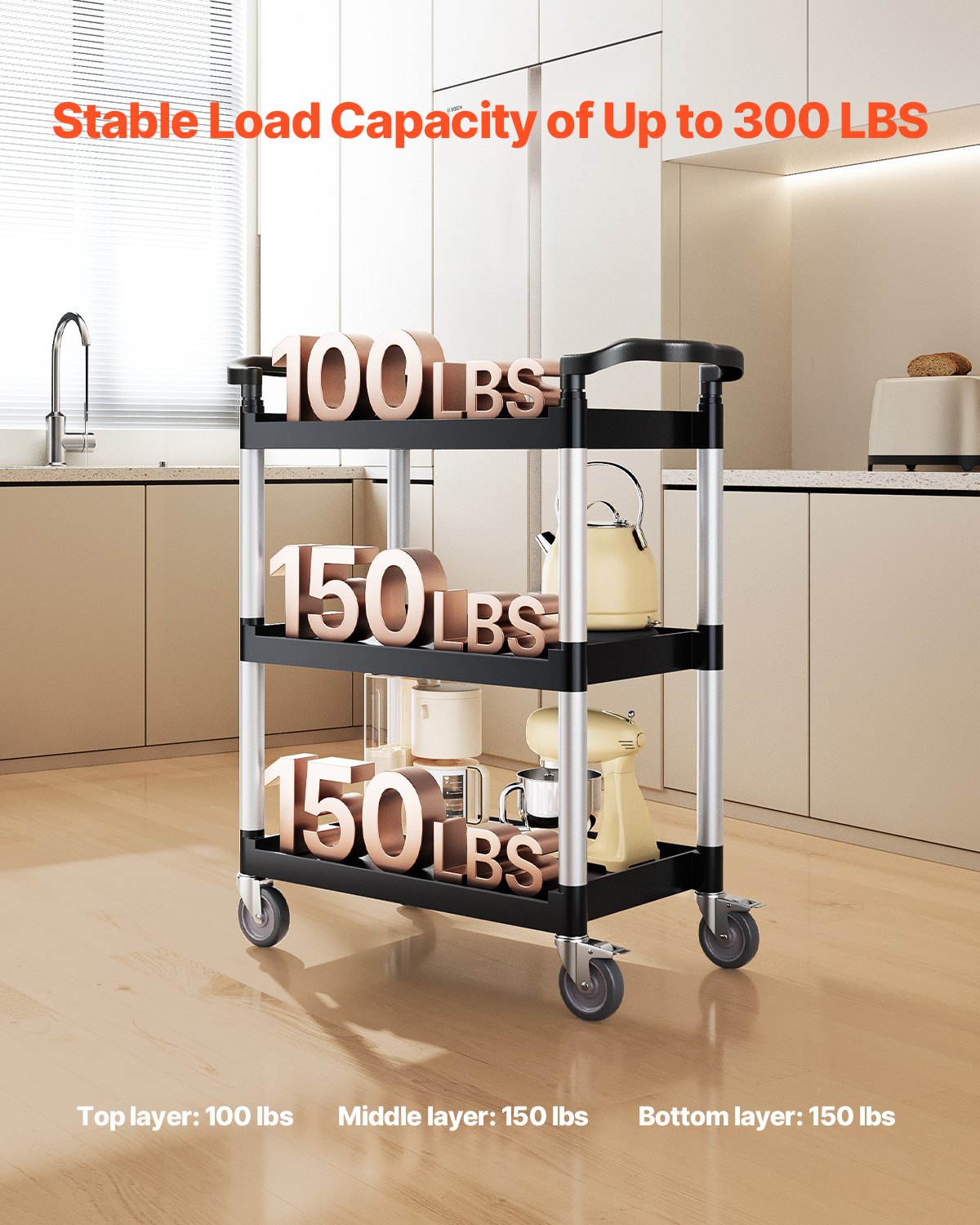 Heavy Duty Utility Cart 300 Lb Capacity 3-Tier Service Cart with Wheels - Black