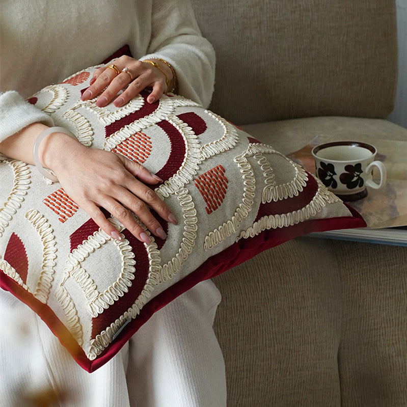 Red Wabi-Sabi Embroidered Throw Pillow - Mid-Century Style, Multiple Sizes