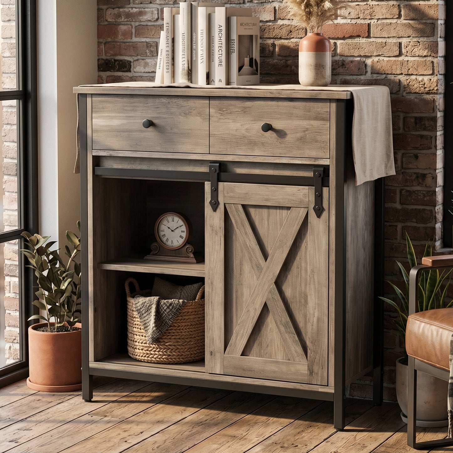 Farmhouse Buffet Cabinet with Sliding Barn Door & Adjustable Shelves