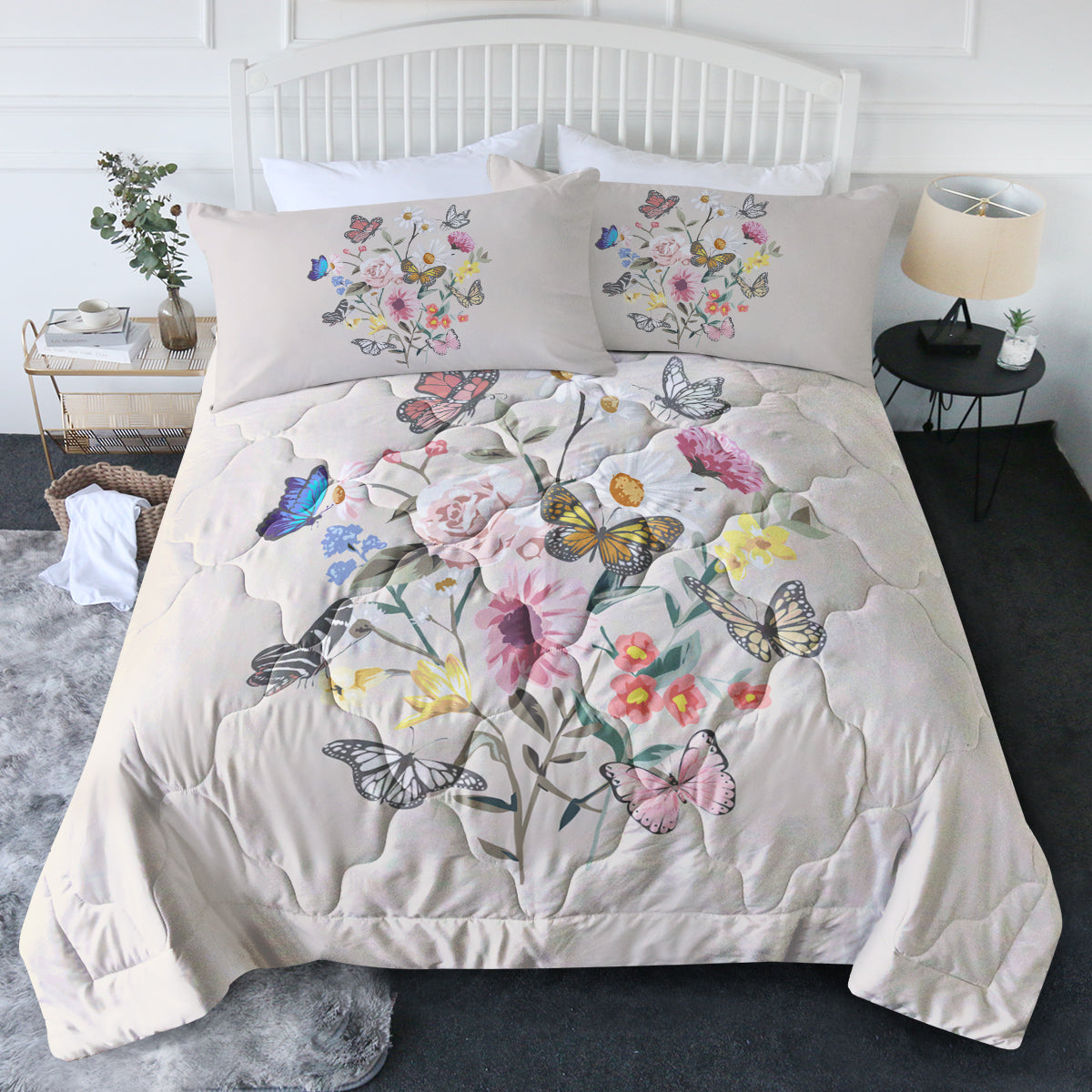 Butterfly Flower Comforter Set - Light Pink Twin Bedding