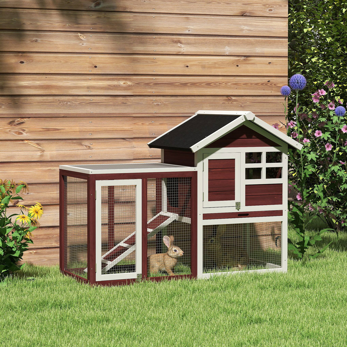 Wooden Rabbit Hutch with Waterproof Asphalt Roof & Removable Tray - Large Outdoor Pet Cage
