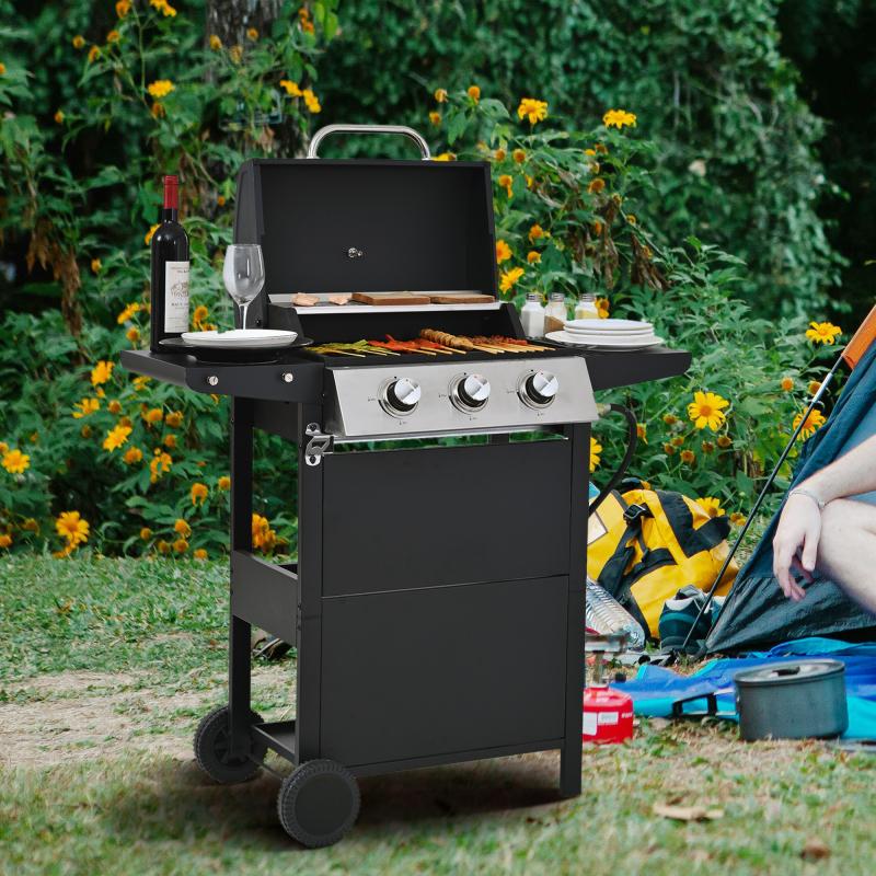 Three-Burner Propane Gas Grill with Stainless Steel Design & Wheels