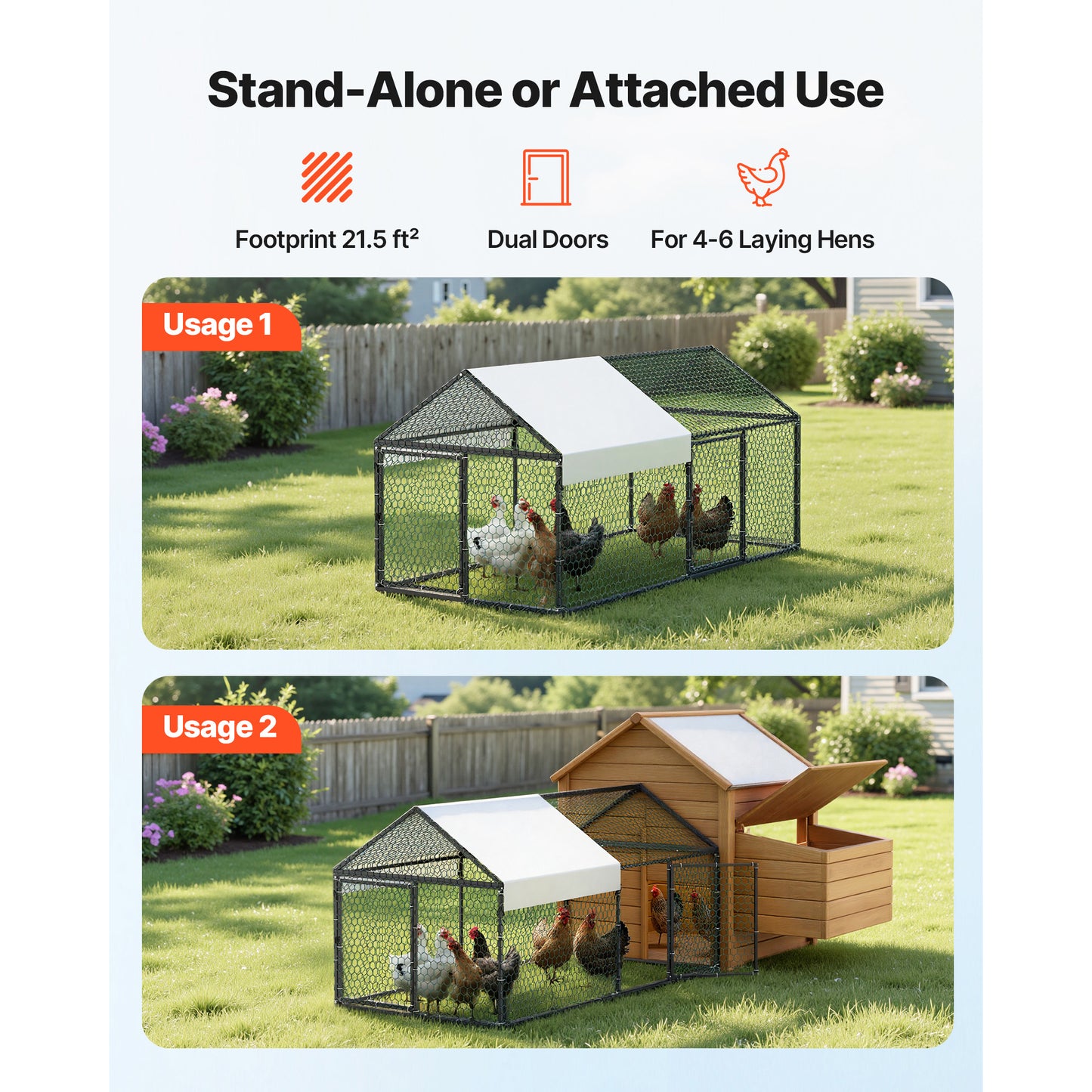 Metal Chicken Coop for 4-6 Chickens with Waterproof Cover & Double Doors - 3.3x6.6ft Poultry Run, Suitable for Rabbits, Ducks, Geese