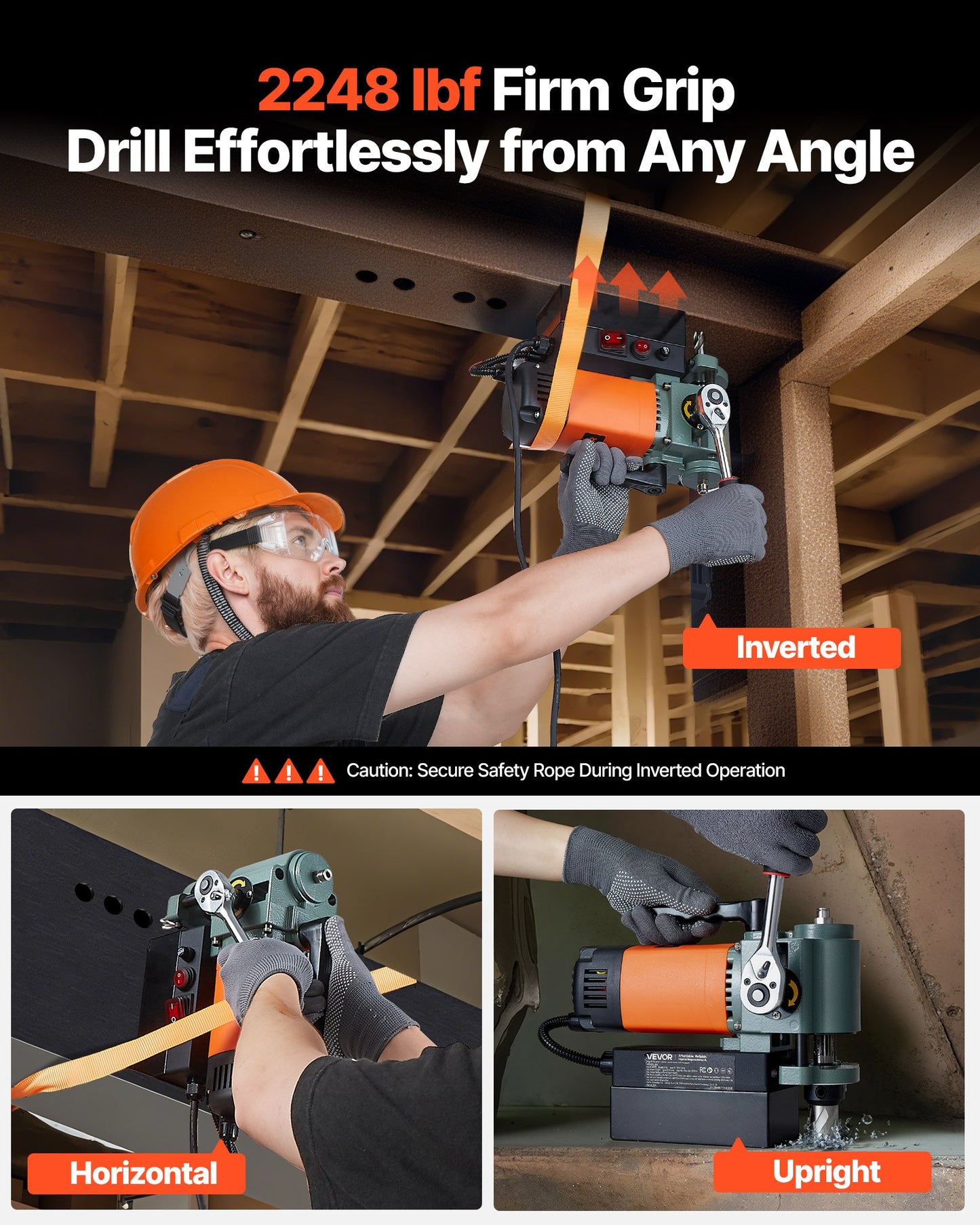 Low Profile Magnetic Drill Press 1300W for Metalworking, 1.4 Inch Boring Diameter - Orange